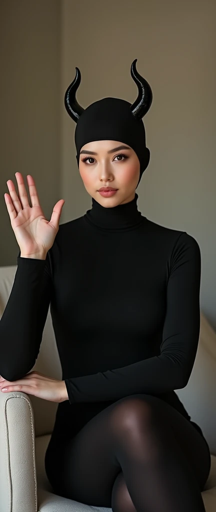 The beautiful Chinese asian adult girl with beautiful cheeks wears tabby cat lycra turtleneck unitard catsuit covered with stripes and tabby cat lycra elastane stretchy dancewear inner hijab-like hood covered with stripes.She is happy.She always put fake cat whsikers and nose that are made of black makeup marker pen.