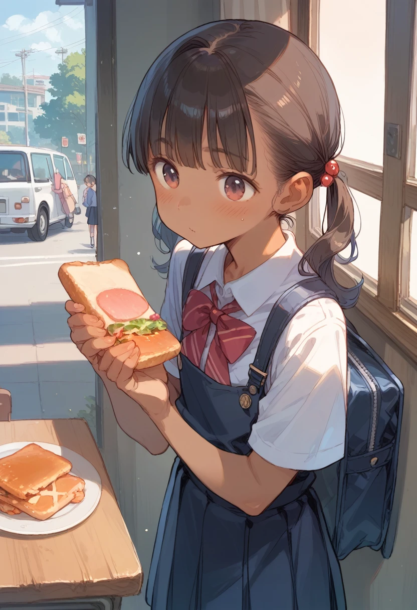 （masterpiece、high quality、High image quality、4K、8k、 Details）、 holding a slice of sliced bread in her mouth、Japanese high school girls（Beautiful Face、Shining Eyes、Disheveled Hair、Well-proportioned body、Running）、 light and adorable anime style 、A girl holding a bag in one hand 、 raising her thighs high and running in a hurry 、 running with her arms falling back and forth in a hurry 、Holding a bag in one hand 、 how to run with momentum 、 wearing a classic sailor suit 、Residential Street、 running out of the house in a hurry 、 refreshing scenery with morning light、 A girl holding a slice of sliced bread 、Light and adorable Japanese anime style 、Makoto Shinkai style、 close-up 、