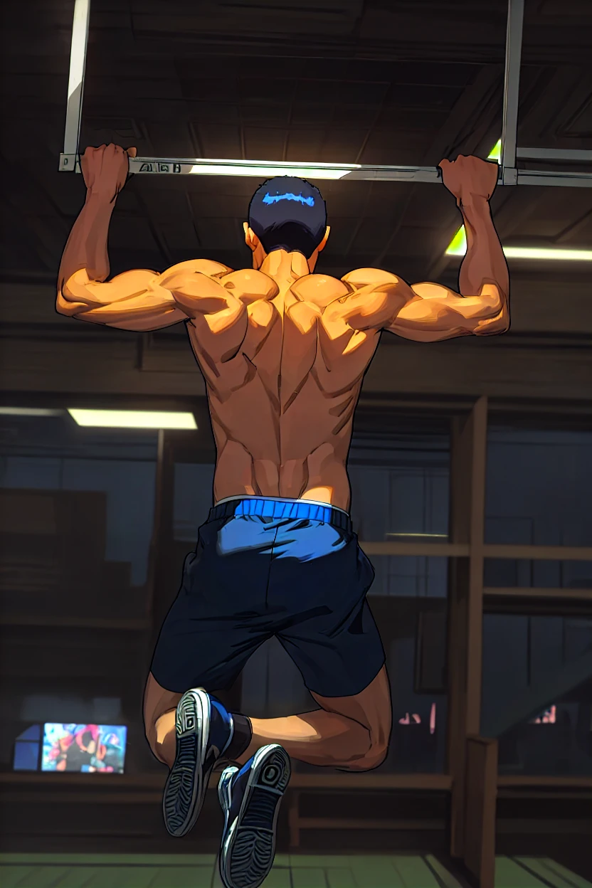 ((((Yuijiro Hanma))), Masculino, cabelos vermelhos, black pant, demon back, costas extremamente musculosas e definidas, foco em suas costas, in a bodybuilding gym, anime, Baba,