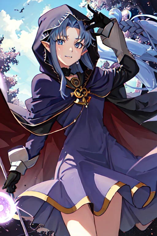 1girl, pointy ears, blue hair, long hair, braid, blue eyes, long dress, purple dress, black gloves, cape, hood, hood up, reaching towards viewer, evil smile, night, red moon, outdoors, forest, cowboy shot, side lsit score_9, score_8_up, score_7_up, score_6_up, score_5_up, score_4_up, BREAK source_anime, masterpiece