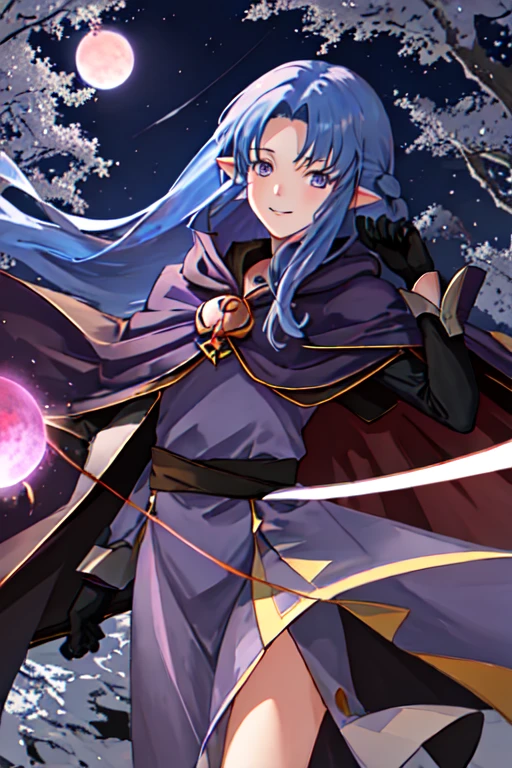 1girl, pointy ears, blue hair, long hair, braid, blue eyes, long dress, purple dress, black gloves, cape, hood, hood up, reaching towards viewer, evil smile, night, red moon, outdoors, forest, cowboy shot, side lsit score_9, score_8_up, score_7_up, score_6_up, score_5_up, score_4_up, BREAK source_anime, masterpiece