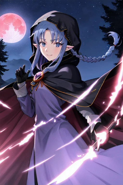 1girl, pointy ears, blue hair, long hair, braid, blue eyes, long dress, purple dress, black gloves, cape, hood, hood up, reaching towards viewer, evil smile, night, red moon, outdoors, forest, cowboy shot, side lsit score_9, score_8_up, score_7_up, score_6_up, score_5_up, score_4_up, BREAK source_anime, masterpiece