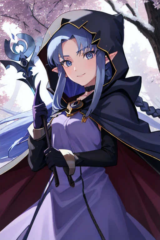 1girl, pointy ears, blue hair, long hair, braid, blue eyes, long dress, purple dress, black gloves, cape, hood, hood up, reaching towards viewer, evil smile, night, red moon, outdoors, forest, cowboy shot, side lsit score_9, score_8_up, score_7_up, score_6_up, score_5_up, score_4_up, BREAK source_anime, masterpiece