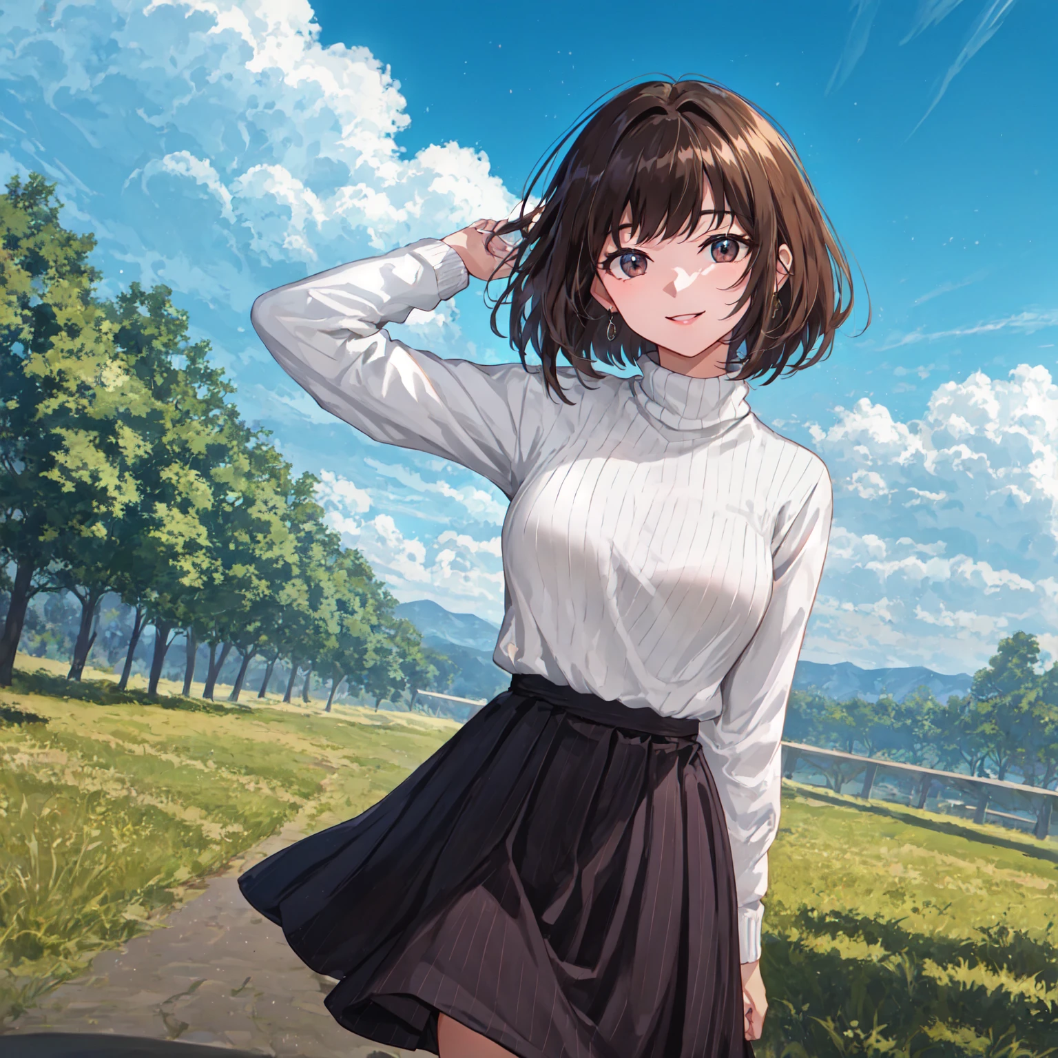 masterpiece, best quality, pastel color,super detailed skin,best quality background,ultra detailed eyes,closed mouth,Accurate 5 fingers,A gentle smile,arm behind head,park,the wind is blowing,walk along the road, dark brown hair, (natural bob hair),bangs down, dark brown eyes, (((medium breasts))),white turtleneck sweater, skirt, smile,  realistic,dutch angle