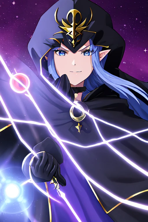 1girl, pointy ears, blue hair, long hair, braid, blue eyes, long dress, purple dress, black gloves, cape, hood, hood up, reaching towards viewer, evil smile, night, red moon, outdoors, forest, cowboy shot, side lsit score_9, score_8_up, score_7_up, score_6_up, score_5_up, score_4_up, BREAK source_anime, masterpiece