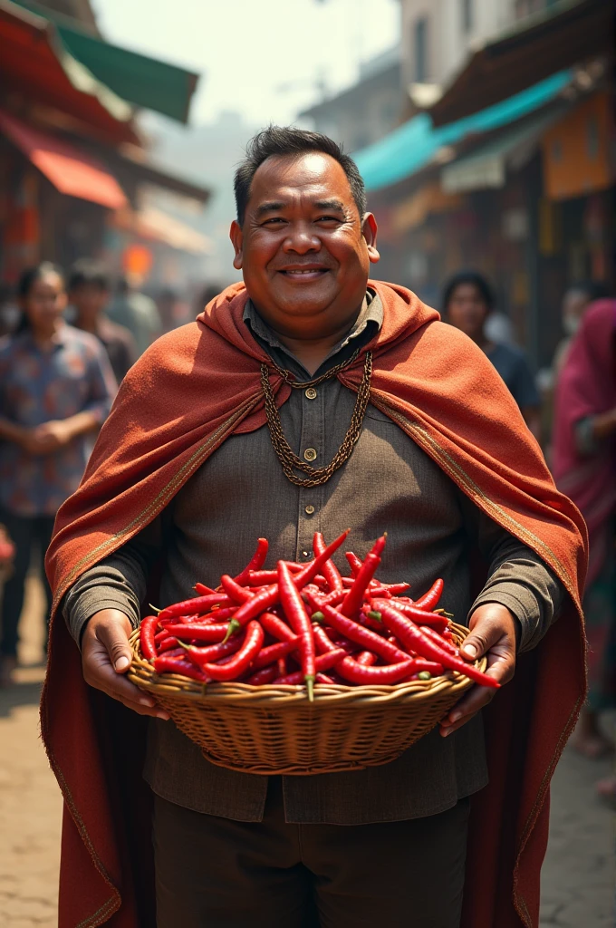A brazilian boy in ethnic clothes, Pixar style, holding chili peppers, strong light, detailed depiction