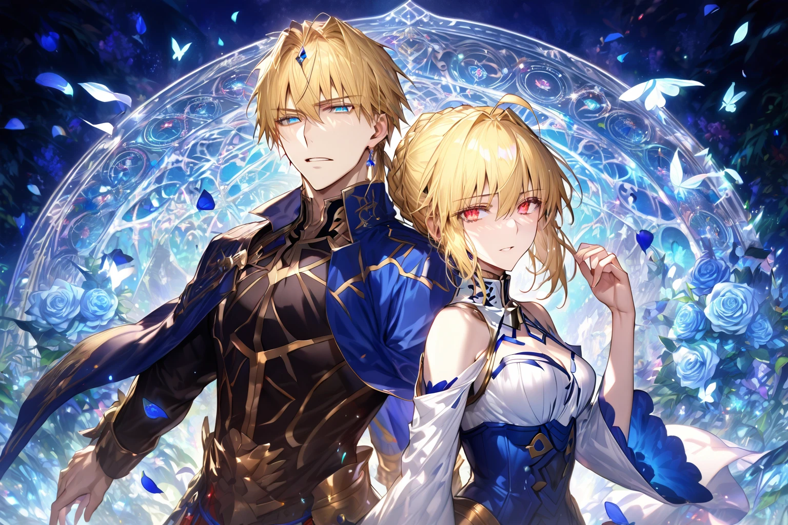 absurdres, highres, ultra detailed, HDR, master piece, best quality, extremely detailed, detailed eyes, detailed face, Gilgamesh, blonde hair, expressive red eyes, Fate Grand Order, Artoria Pendragon, Saber, blonde hair, expressive turquoise eyes, handsome man together with a beautiful woman, white clothes, black clothes, glittering blue butterflies, garden, magic circle, green leaves, blue petals, blue roses, fantasy, magical