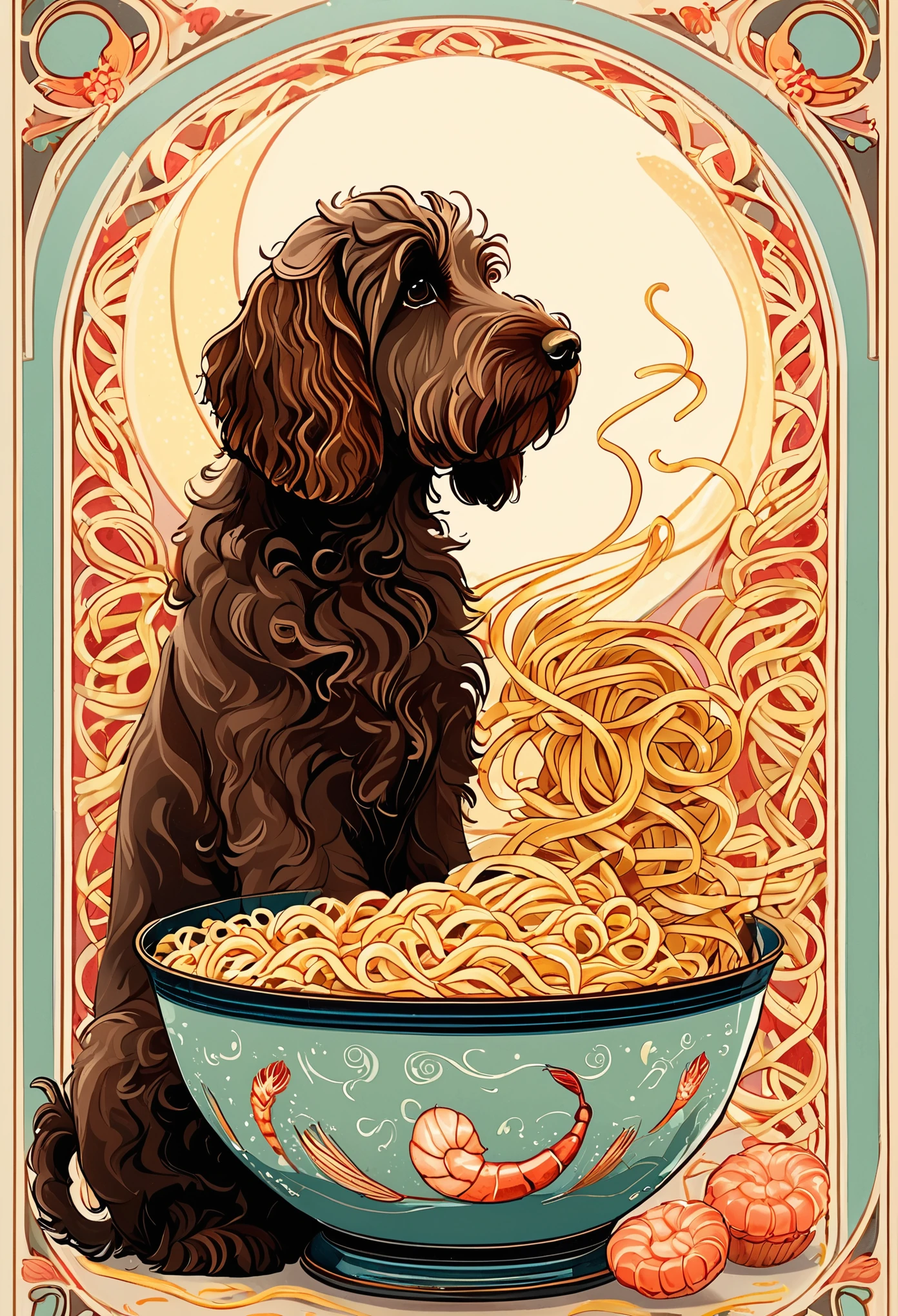 (best quality,4k,8k,highres,masterpiece:1.2),ultra-detailed,10's noodles advertisement poster, Art Nouveau Style, brown labradoodle and a bowl of noodles with shrimp inside, simple color palette, poster takes up the full frame, simple design,ArsMJStyle, Art Nouveau
