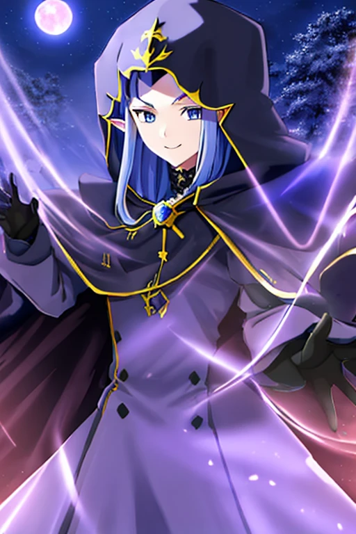 1girl, pointy ears, blue hair, long hair, braid, blue eyes, long dress, purple dress, black gloves, cape, hood, hood up, reaching towards viewer, evil smile, night, red moon, outdoors, forest, cowboy shot, side lsit, masterpiece