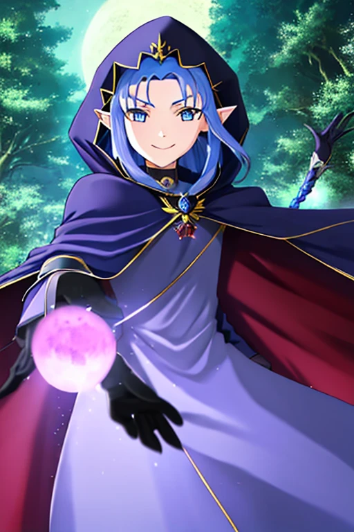 1girl, pointy ears, blue hair, long hair, braid, blue eyes, long dress, purple dress, black gloves, cape, hood, hood up, reaching towards viewer, evil smile, night, red moon, outdoors, forest, cowboy shot, side lsit, masterpiece