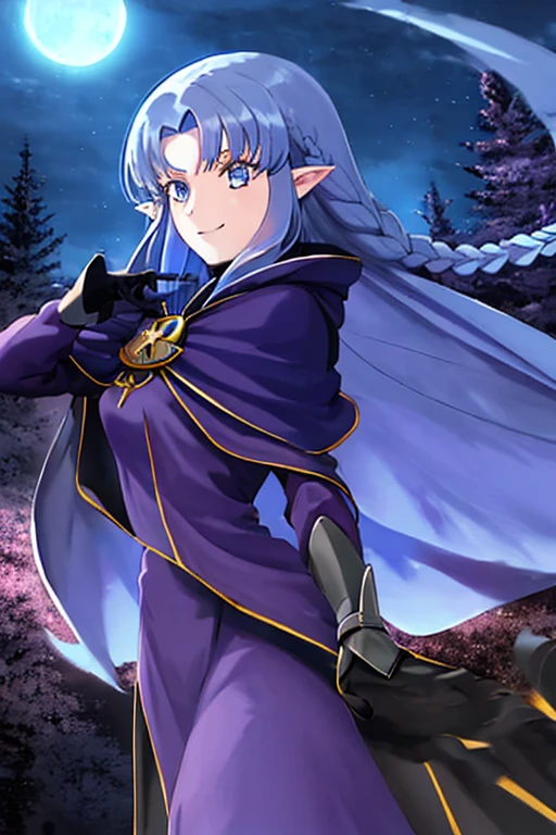 1girl, pointy ears, blue hair, long hair, braid, blue eyes, long dress, purple dress, black gloves, cape, hood, hood up, reaching towards viewer, evil smile, night, red moon, outdoors, forest, cowboy shot, side lsit, masterpiece