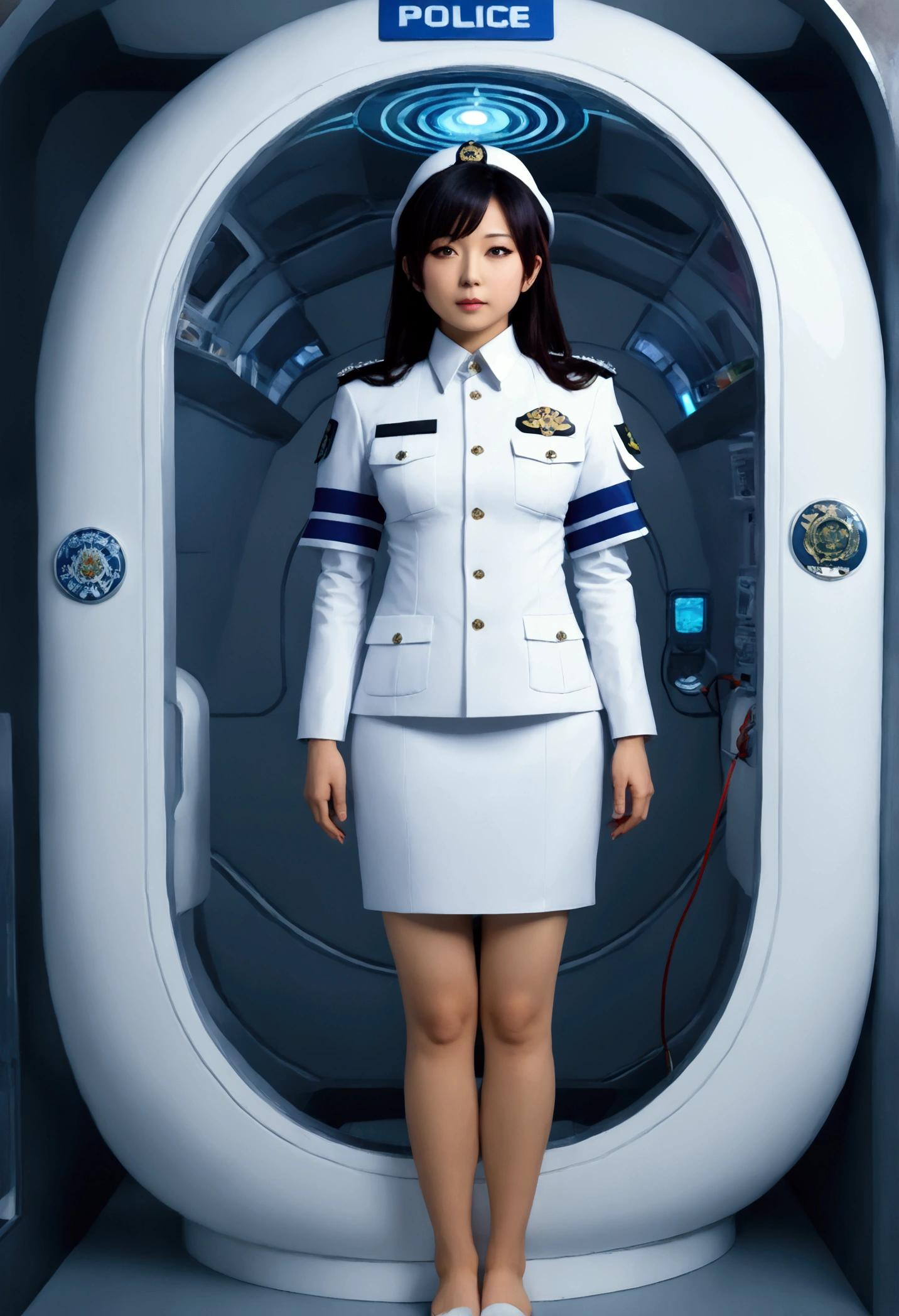 (((( Japanese Woman wearing 2005 japan Police Officer )))), with flowing hair on a realistic futuristic space station)), ((sleeping in coffin shaped futuristic cryopod)), ((cushioned bed with display and glowing control surfaces)), ((scifi circlet on head)), weightless & floating, (photorealistic), , , (with medical sensor harness and connected full body
