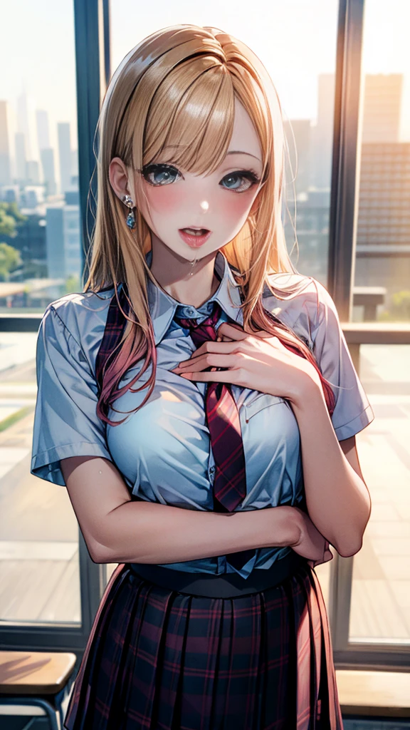 ((Best quality, 8k, masterpiece: 1.3, 1 woman, Beautiful girl)), cute, dynamic, Detailed face, Detailed skin, detailed clothing, Detailed eyes, Detailed information술, Detailed Tongue, Detailed fingers, Detailed information, Realistic, RAW photos, High resolution, Natural lighting, Dynamic pose, Perfect anatomy, Bridge up, double eyelids, tear sac, round eyes, moist lips, laborious, ((Kitagawa Marin, Marine Kitagawa)) Blonde and pink hair, Metal collar, ear piercing, earring, Long hair, piercing, Red pupil, straight hair, Swept-back bangs, Gradient hair, school , white shirt, tie, Plaid pleated skirt, ecstatic face, Ahegao, Drooling, Looking at the viewers, (, Herself clutching her chest), In the classroom with sunset