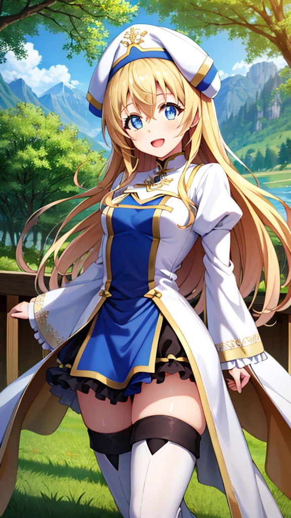 {{{masterpiece}}}, {{{best quality}}}, {{ultra-detailed}}, {illustration}, {{an extremely delicate and beautiful}}, (beautiful detailed eyes:1.6), extremely detailed face, 16k, anime face, priestess(Goblin Slayer!), cute face, aapri, blonde hair, blue eyes, long hair, hair between eyes, medium breasts, thin waist, big hips, curvaceous, BREAK, white headwear, white dress, frilled sleeves, frills, long sleeves, puffy sleeves, blue pelvic curtain, white robe, black mini skirt, ruffle skirt, thighhighs, white thigh boots, high heels, BREAK, cute face, open mouth, smiling, standing on the lake, outdoor, mountain, forest, flower garden, praying, mysterious