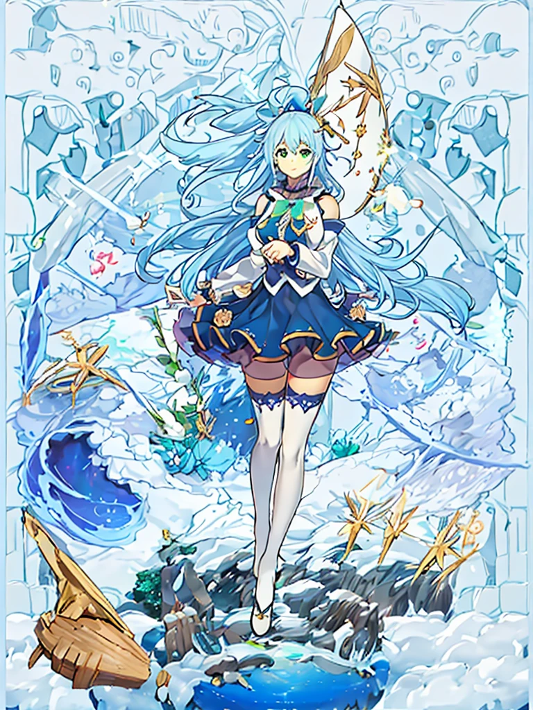 masterpiece, best quality, beautiful, cute visual art, card, tarot, style, 1girl (proportion: 1:6 heads), aaaqua, long hair, blue hair, hair rings, hair ornament, choker, bare shoulders, green bow, blue shirt, detached sleeves, blue skirt, thighhighs, cute, happy smile, in a public pool {(water power: 0.5)}, slim and long legs (beautiful legs, legs open in V, detailed legs), Ezbian full body {(perfect proportions, good details in the doby)}, fine and detailed hands {(beautiful hands)}, softly wind blows {{((A gentle wind blows her hair))}}, good proportions, suggestive pose, anatomically correct, looking at the viewer, ink, blushing, big smile, cute style, pastel tones, soft colors