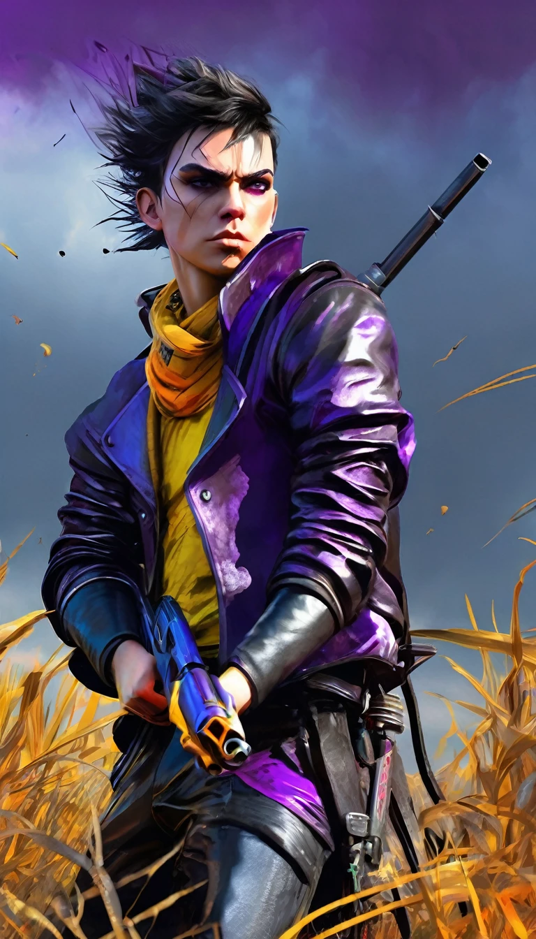 Centered image:1.4, dark and torn, ((1 young and beautiful muscular body in leather clothing:1.6)), fierce expression, Holding a gun, (colors in your clothes, warm, orange, yellow, Violet: 1.3), standing in a desolate field , Dramatic lighting, intense shadows, sandy texture, high contrast, vibrant colors, dynamic pose, powerful posture, rough background, explosive atmosphere, dystopian theme, Surreal elements, Digitally painted illustration, high definition resolution, intricate details, dramatic composition, Avant-garde and chaotic brushstrokes, Gothic, intense emotions, epic scale, Raw and rough feeling, Captivating and provocative works of art..mixbabyiffy41