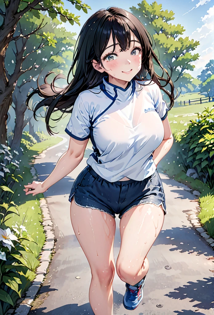 realistically, 1 girl, Twintail hair, brown eyes, glowing eyes, white short skirt, Blush, daytime, Wet from the rain, see through, Knee hug, Strapless shirt, nipples, Sit with your knees raised., armpit, cleavage, panty, outdoor, 18 years old, pussy reveal, crotch, (bending down to viewer)