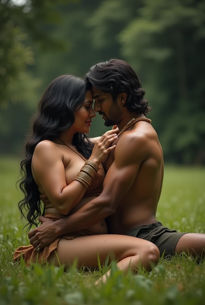 Indian man with feathers on his head naked having sex with a female actress from the twenties in a lake 