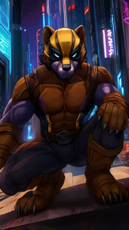 (1boy, wolverine, logan), (extremely detailed CG unit 8k wallpaper),(master part), (best quality), (ultra detail), (best illustration),(Tsukasa Hojo style), cowboy shot, Paw pose, show Paws show claws, (Sharp eyeliner, ombre, detailed eyes:1), dark, night, neon light, cyberpunk city, digital art, break , upper body, close up, crouching, Sharp claws, superhero, helmet, domino mask 