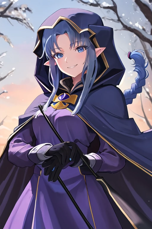 pointy ears, long hair, blue hair, blue eyes, braid, side braid, breasts, purple dress, black gloves, cape, hood, hood up, smile, night, outdoors, forest, cowboy shot, side lsit, masterpiece