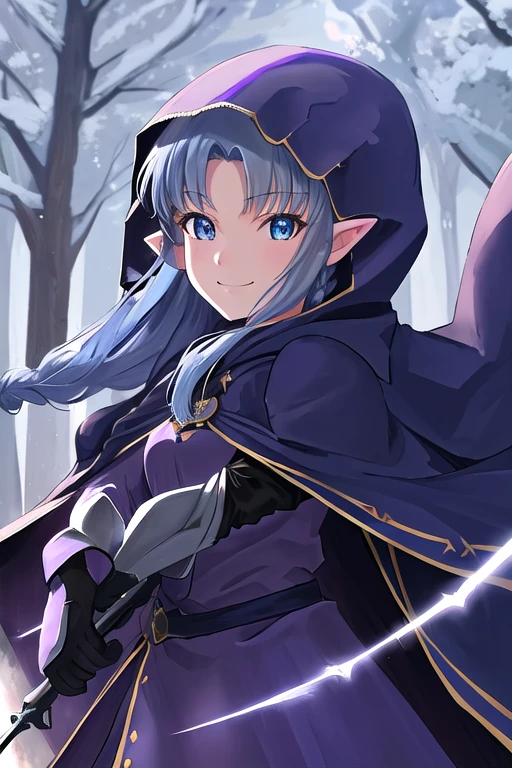 pointy ears, long hair, blue hair, blue eyes, braid, side braid, breasts, purple dress, black gloves, cape, hood, hood up, smile, night, outdoors, forest, cowboy shot, side lsit, masterpiece