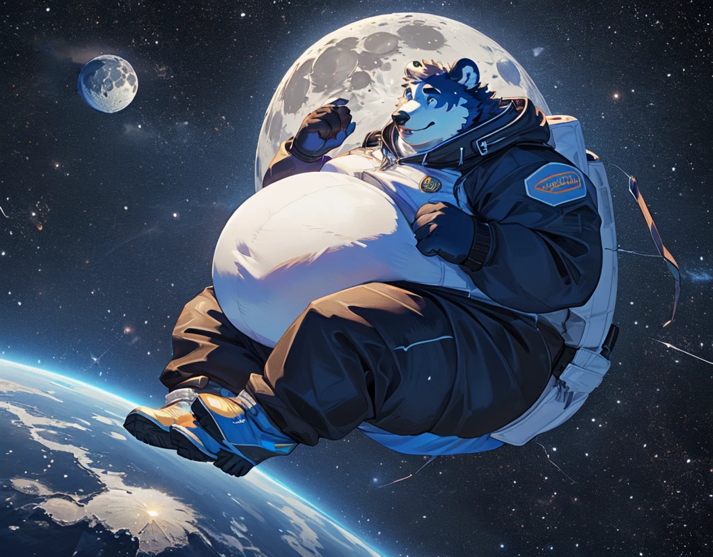 Solo, male, legs spread open, pulling pants down, by bigcozyorca, by goonie-san, by bebebebebe, by spikedmauler, facing viewer, panda pattern, black and white colored tyrannosaurus, bushy tail, buff, spacesuit, pulling pants down, showing off bulge, showing off, space observation deck background, open mouth, detailed mouth, tongue hanging out, drooling, smirking, eductive smile, lustful grin, bulge, bulging, hard bulge, adjusting hard bulge, adjusting bulge, adjusting crotch, masterbating, jacking off, touching dick, big erect cock.NSFW erection