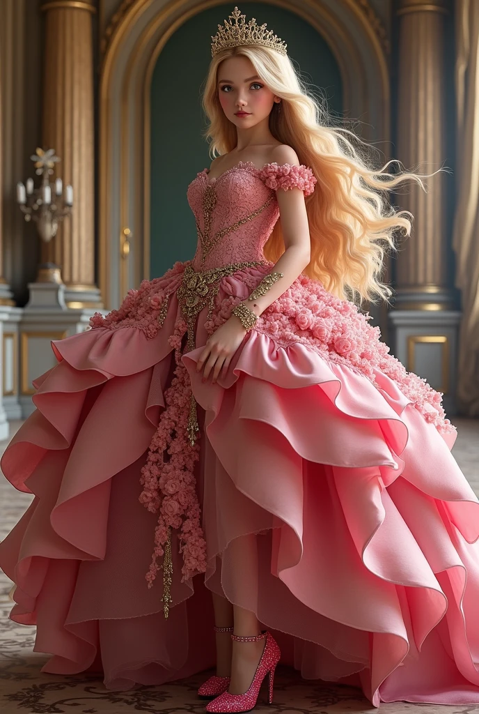 Arad woman in pink dress walks down the brick walkway, dreamy dress, wearing a pink dress, extravagant dress, wearing a pink ballroom gown, Wearing a gorgeous dress, floating dress, Pink dress, wearing flowing dress, magical dress, blond-haired princess, flowinggown, elegant glamourous cosplay, Wearing a pink dress, cabellos largos dorados