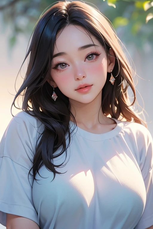 Professional photo-realistic imYears。Sunset Park。She was wearing a white hoodie with a slit at the chest and no bra..、A neat and clean Japanese woman２０Year。He is on his knees, Leaning forward, And with her hands resting on her lap.。Her clothes are rising from her chest, Exposing breasts through a gap.。Small breasts and nipples are visible。 She looked at me and smiled shyly, blushing.。　Composition from directly above。Browsing Caution