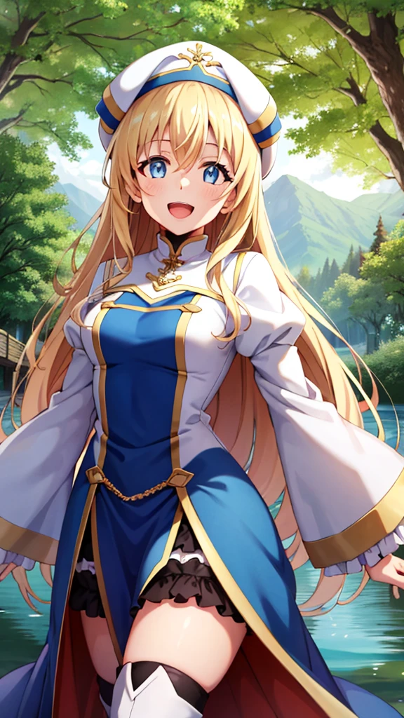 {{{masterpiece}}}, {{{best quality}}}, {{ultra-detailed}}, {illustration}, {{an extremely delicate and beautiful}}, (beautiful detailed eyes:1.6), extremely detailed face, 16k, anime face, priestess(Goblin Slayer!), cute face, aapri, blonde hair, blue eyes, long hair, hair between eyes, medium breasts, thin waist, big hips, curvaceous, BREAK, white headwear, white dress, frilled sleeves, frills, long sleeves, puffy sleeves, blue pelvic curtain, white robe, black mini skirt, ruffle skirt, thighhighs, white thigh boots, high heels, BREAK, cute face, open mouth, smiling, standing on the lake, outdoor, mountain, forest, flower garden, praying, mysterious