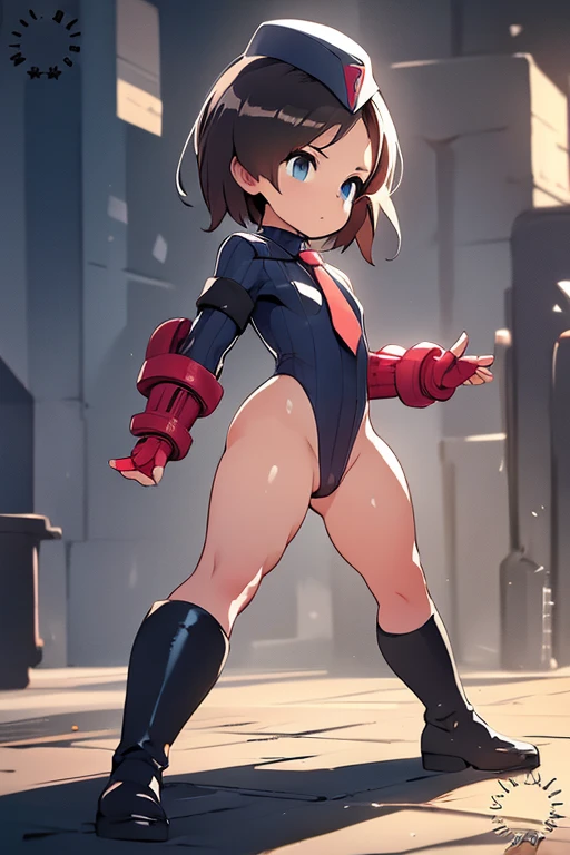 ultra-detailed, Explicit, Beautiful body, Beautiful Nose, Beautiful character design, perfect eyes, perfect face, ultra highres, 4K, beautiful legs, perfect legs, Nice hands, Perfect hand, Masterpiece, Best Quality, Highly detailed, illustration, absurdres, street fighter, doll suit, shadaloo doll, dollsuit, expressionless, blank eyes, looking at viewer, red gloves, emotionless, black latex, corrution, mind control, female combatant, full body, hypnotized, unhappy trance, full body suit, ribbed bodysuit, both arms at side, obey, perfect female body, extremely glossy latex, hypnosis, hypnoLora, empty eyes, Mind control device, poses, submissive_pose, Slave, hat, necktie, stand up straight, standing, standing at attention, hat, necktie, belt, latex, ribbed bodysuit, thighhighs, garter belt, Fighting Stance, extending the right arm from the shoulder into the air with a straightened hand, nazi saluting, military, military saluting, salute, thigh boots, solo, 1girl, heaven burns red, aoi erika, brown hair, blue eyes, short hair