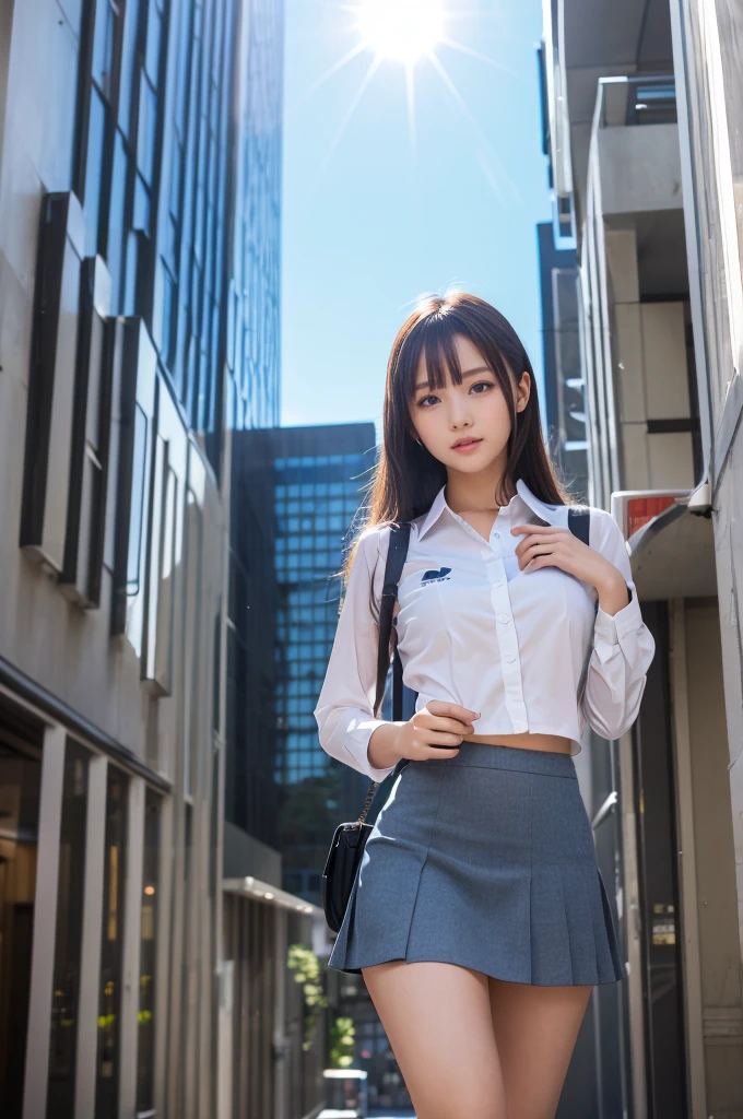 1girl, (uniform), standing, outdoors, night view, detailed Metropolitan city at the background, detailed face, little smile, detailed eyes, big breasts, smooth realistic skin, semi-curvy body, white shirt, grey blue miniskirt, looking at the audience, (8k, RAW photo, best quality, masterpiece: 1.2), (realistic, realistic: 1.37), ultra-high resolution