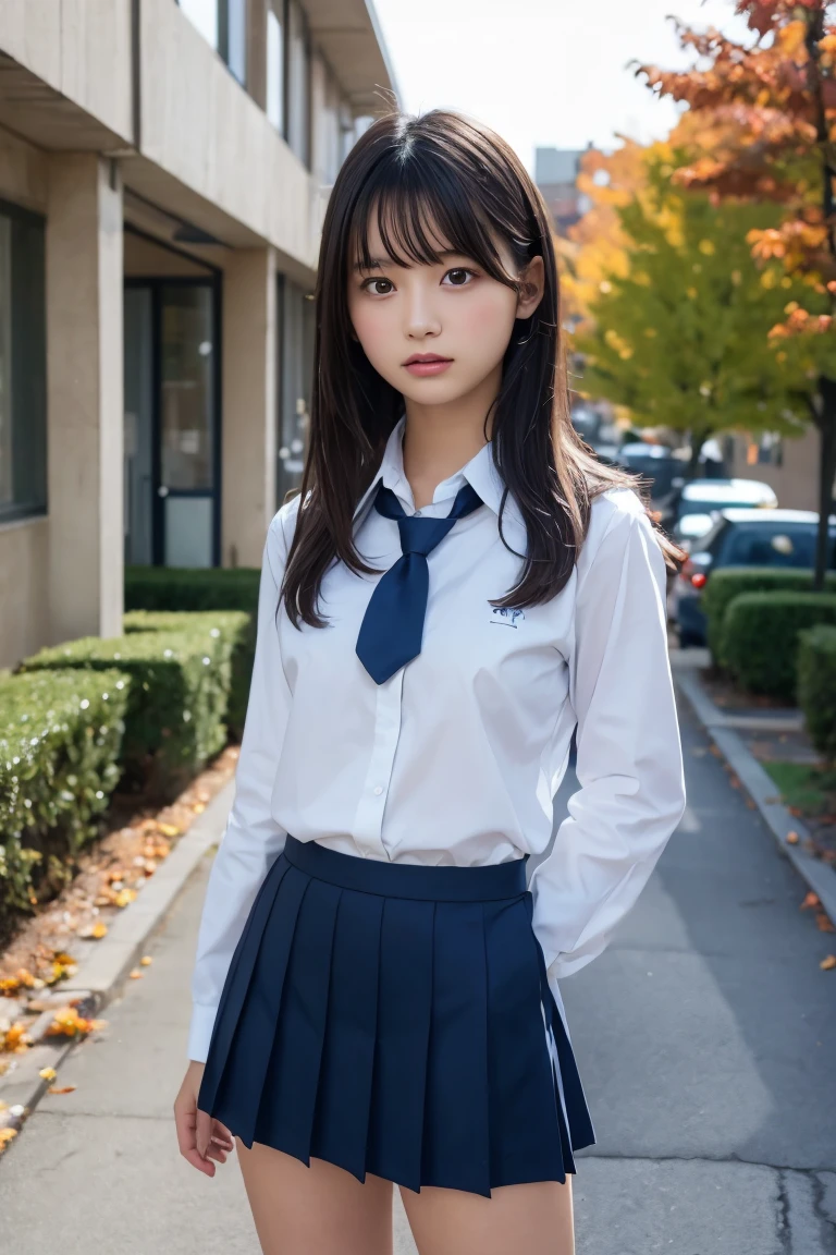 Best Quality,Ultra High Resolution Schoolgirl,1 person,whole body,Black Hair, Cool look,Looking into the camera,Beautiful Skin,High school autumn/winter uniform, tie,Small breasts,Navy Skirt,After school classes,Standing pose