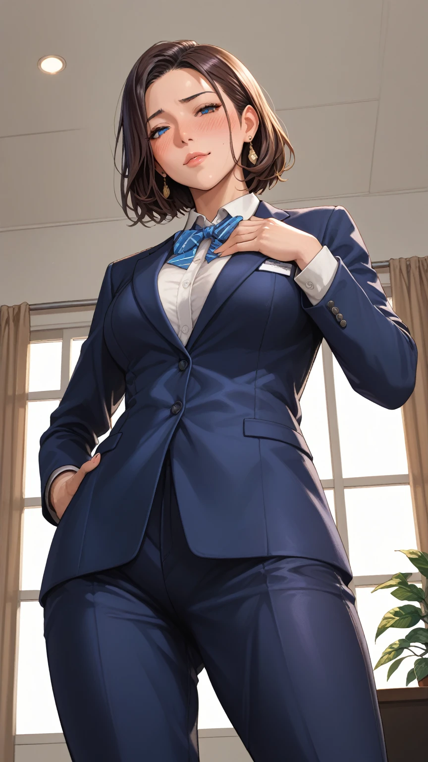 One Girl, Five Fingers, mini skirt, Looking down at the viewer、Dark eyeshadow、Galメイク, Blonde、Side Ponytail、Gal、Brown Skin, Highest quality, Focus on the thighs, Dynamic pose, smile, blazer, blouse, barefoot, Standing Split, classroom, Black Hair, Stylish pose,My thighs and groin are steamy 、Black gorgeous panties