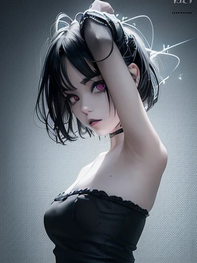 (masterpiece, High resolution, Highest quality), Structure from head to thighs:1.3, Focus on the upper body, 20-year-old woman, A blank look, short hair, Avant-garde makeup, abstract design, artistic juxtapositions, High Contrast, mixed-media approach, Anime Style, Simple lines, Digital Painting,