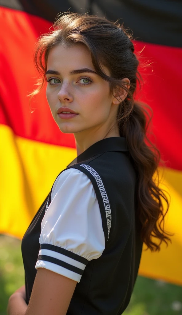a naked 18 year old girl wearing the official jersey of the spanish national soccer team, euro cup semifinal, cinematic lighting, hyper detailed, photorealistic, extremely detailed face and eyes, volumetric lighting, dramatic pose, dynamic composition, vibrant colors, glowing skin, realistic fabric textures, natural shadows, intricate background details
