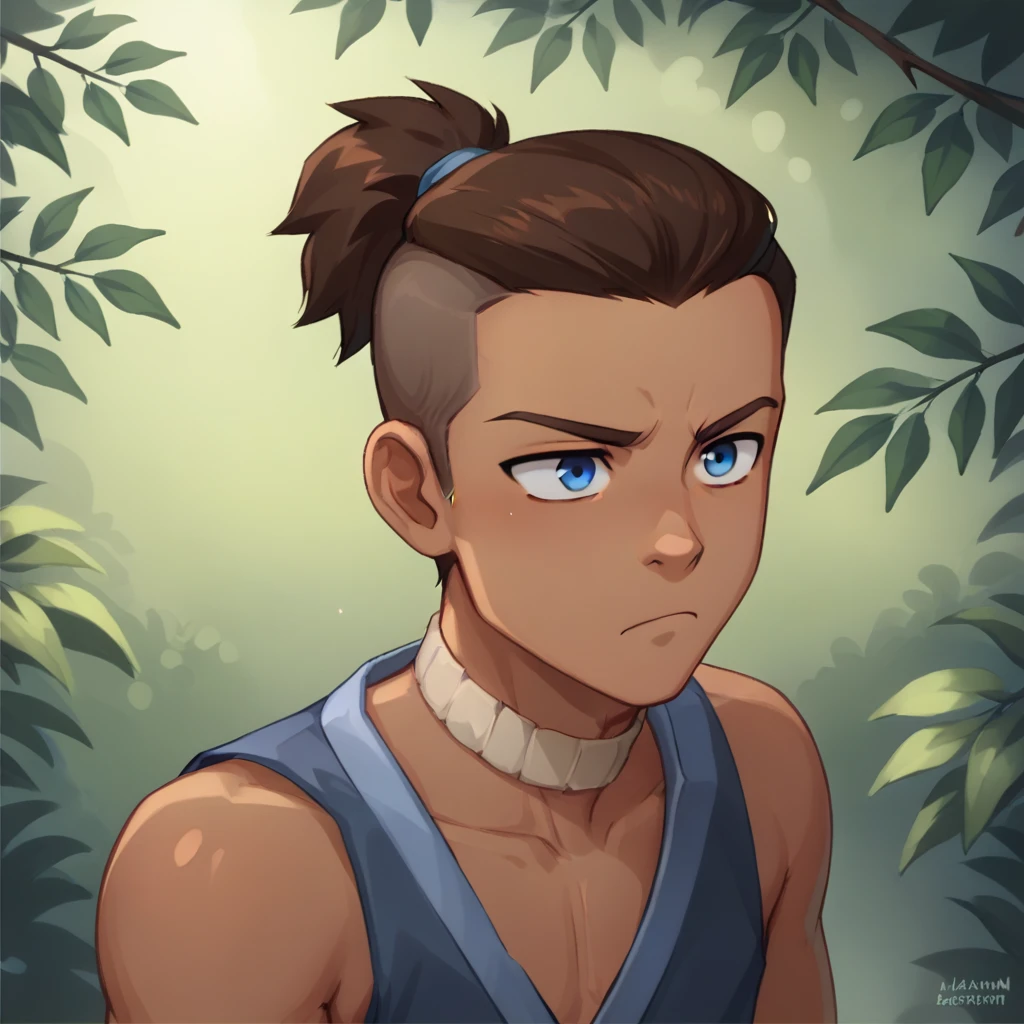 Scoring_9, Scoring_8_above, Scoring_7_above, Scoring_6_above, Alone, S0kka man, brown hair, tuft, lowered, blue eyes, Thought, upset, forest background