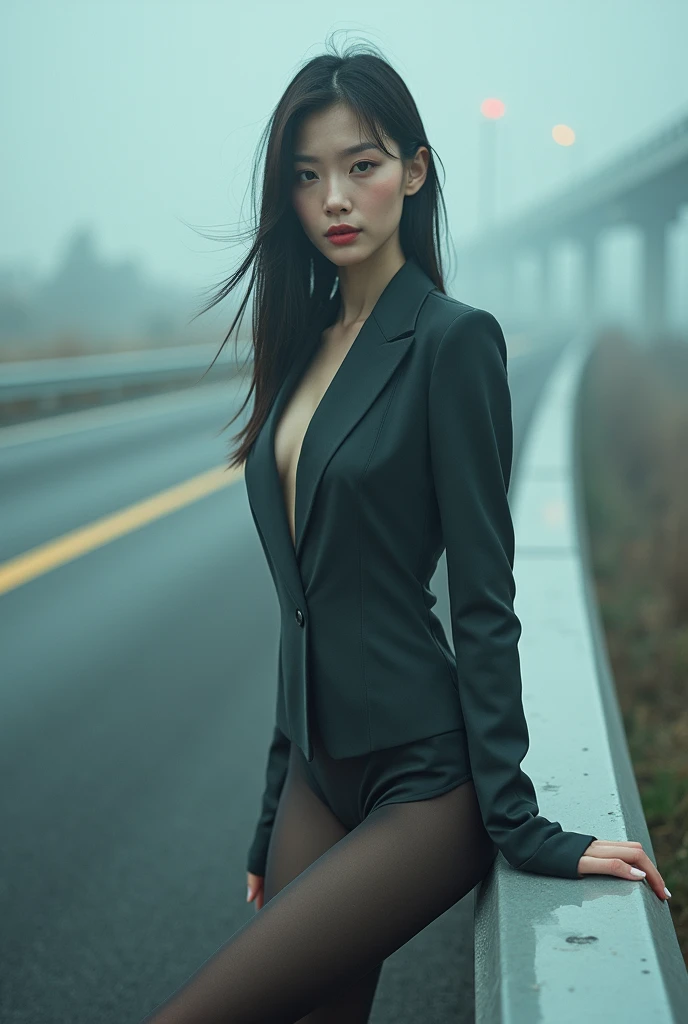 (realisitic),1 brunette girl, long dark hair, Unclothed, with sex cover, standing hands on waist, high-heels, flower in hair, parking scene.