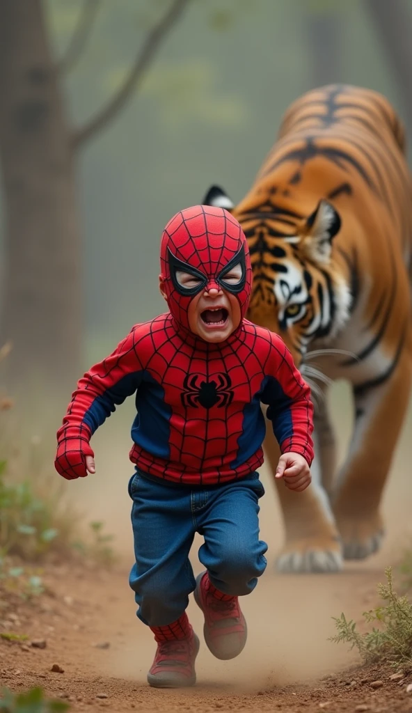 This image shows an adorable little Fat Spiderman baby running scared down a forest path. A dangerous looking hyena is running behind him, whose mouth is open and its teeth are visible. It looks like she is chasing Fat Spiderman's child. Another hyena is also visible in the background. Real Story