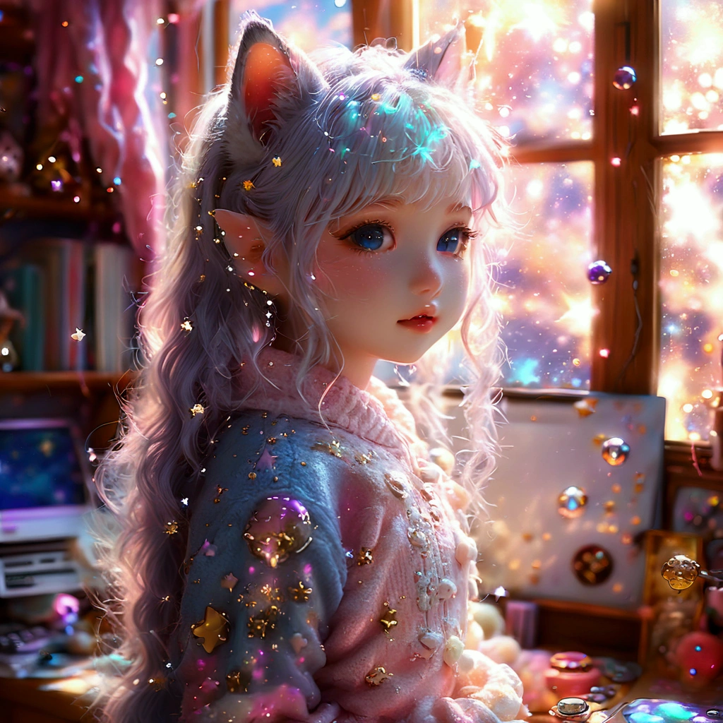 1 female, solo, upper body, (kawaii style:1.2), (cat-eared girl:1.3), long wavy silver hair, large blue eyes, pink sweater, (starry night sky:1.5), bedroom workspace, computer setup, (pastel color palette:1.4), soft lighting, cozy atmosphere, fluffy plushies, floating bubbles, (dreamy ambiance:1.3), cherry blossom clouds, digital art, high detail, smooth gradients, kawaii aesthetic, (glowing stars:1.2), floating objects, window view, shelves with trinkets, magical realism, ethereal glow, vibrant colors, sharp focus, fantastical elements, whimsical mood, intricate details, surreal composition