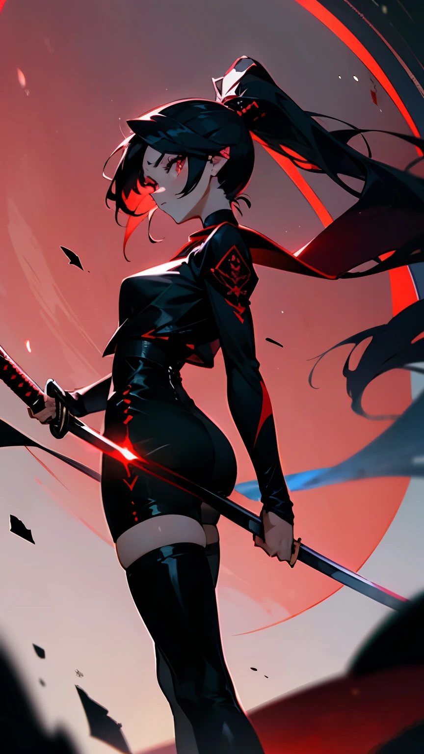 Ryuko Matoi, very large breasts, black red leather stockings, red stockings, black shoes, bloody clothes, red black suit, Straight posture, covered nipples, long red sword in hand, Evil smile, very detailed, super quality, 8k ultra resolution, holds the blade with both hands, Short skirt, clothing straps, straps cover nipples, against the backdrop of a burning city, apocalypse, everything is on fire, blood on the cheeks, Epic Shot, in a fighting pose, blurry plan