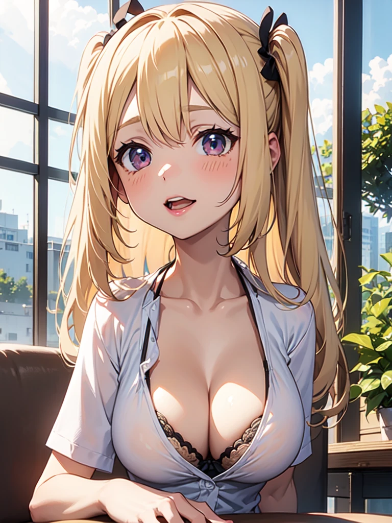 master piece,detailed,(((best quality))), ((((loli)))),(((cute))), ((petite)),((big breasts)),((vulgarity)),breasts focus,((solo)),BREAK (white shirt:1.2), short sleeves, BREAK school uniform,blonde hair,sitting,white bra,open shirt,BREAK,upper body,,((orgasm)),(((chibi)))