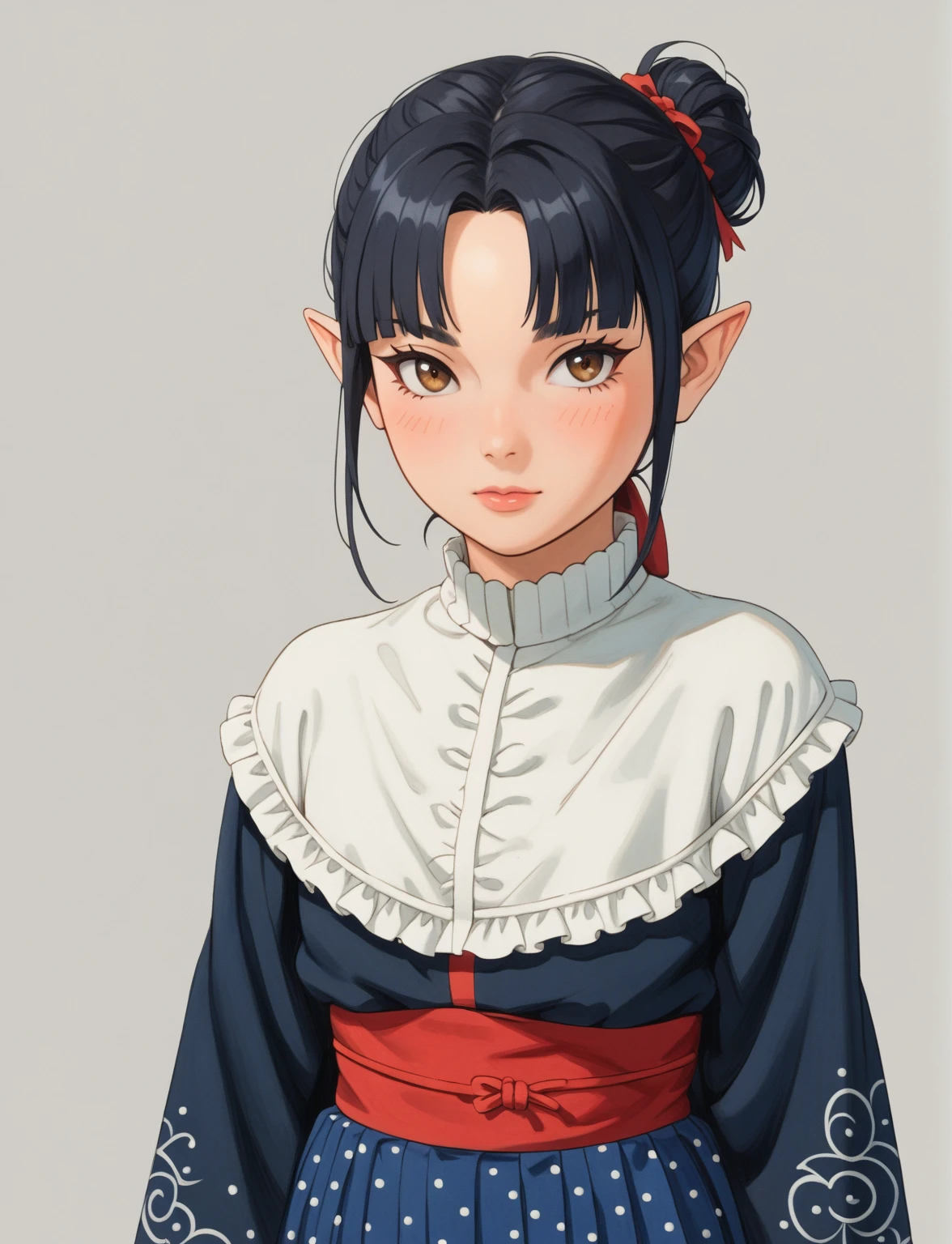 Create a digital illustration of a female character with elf ears with round dots instead of eyebrows. For the hairstyle, she should have black hair styled into a single bun at the back of her head, complemented by asymmetrically chopped bangs that transition into a long lock on one side. Her outfit should match short hakama with detached sleeves and frills under the shorts and the sleeves, in a gothic style, featuring intricate white lace patterns, detailed cutouts, and a white obi with a black seigaiha black pattern. The outfit should include layered skirts and ribbon details to emphasize a similar aesthetic. Add a muted background that complements her striking attire and hairstyle.