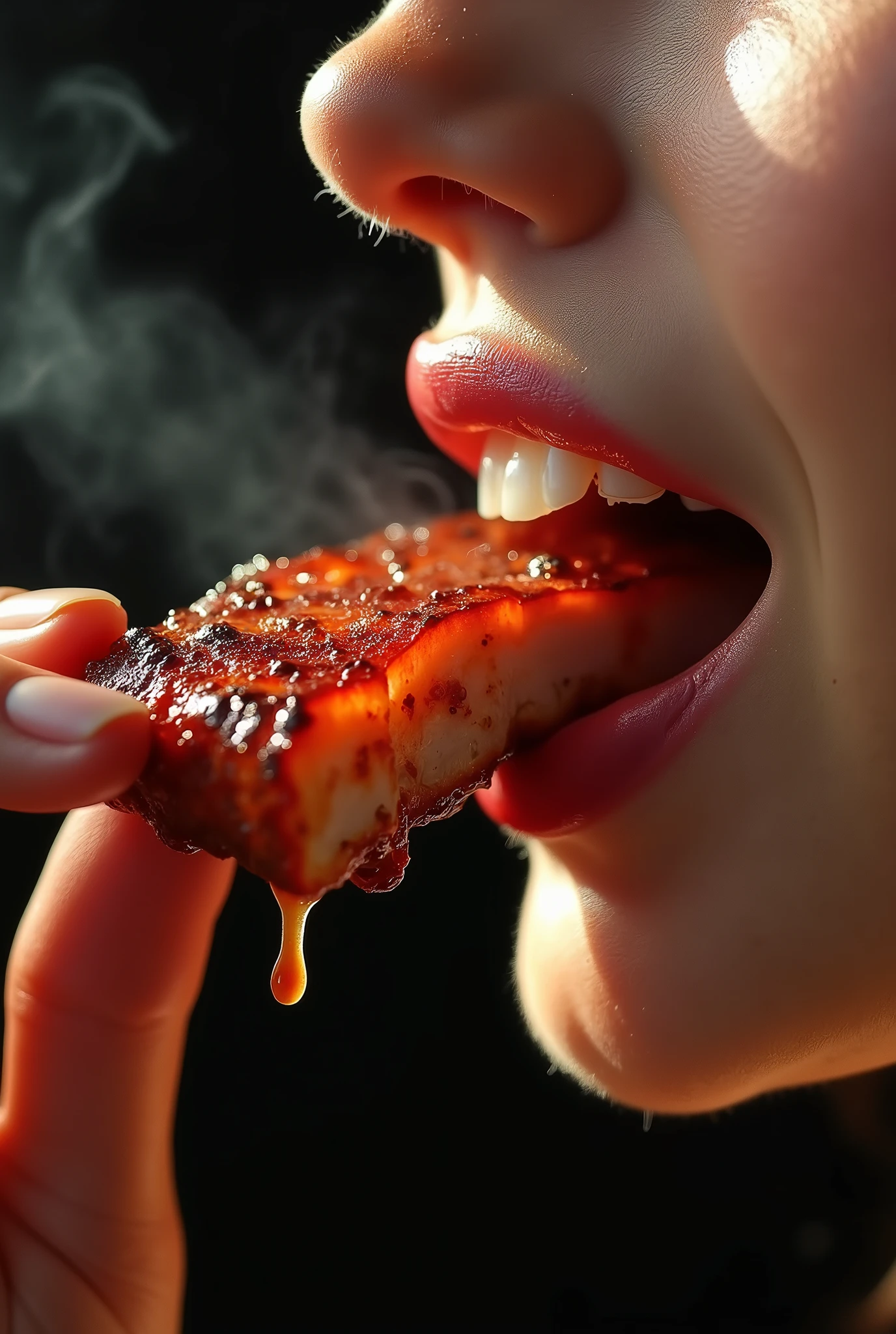 A very fat woman biting very greasy food. She is blonde and has a pretty face. Even so, His face is fat. She is naked and soaked in the grease from the food.