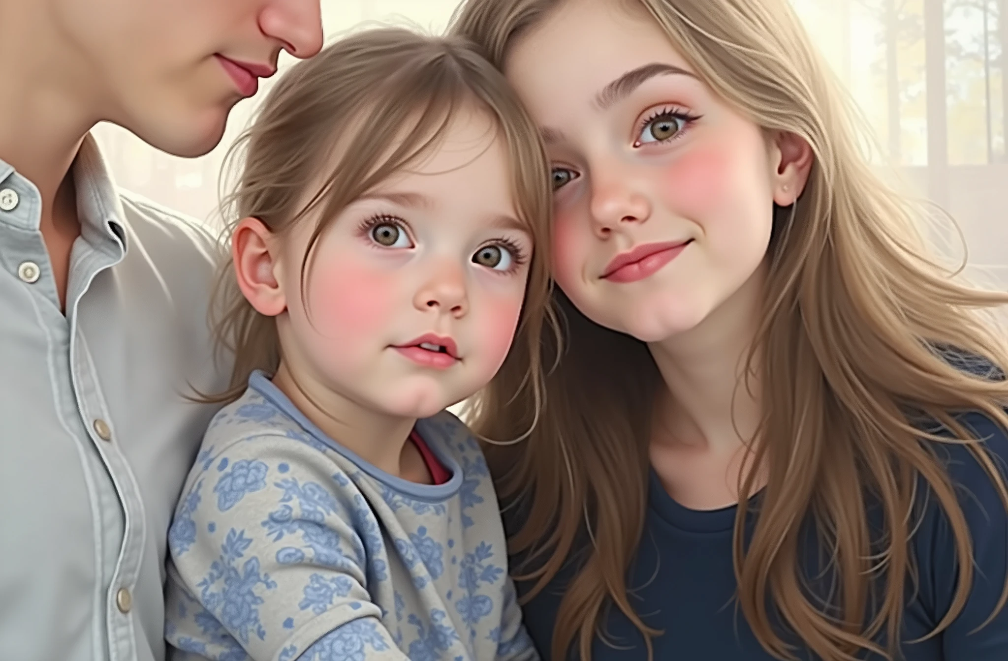 The boy and girl has a handsome face, symmetrical face, symmetrical eyes. Short golden brown hair and grey eyes.