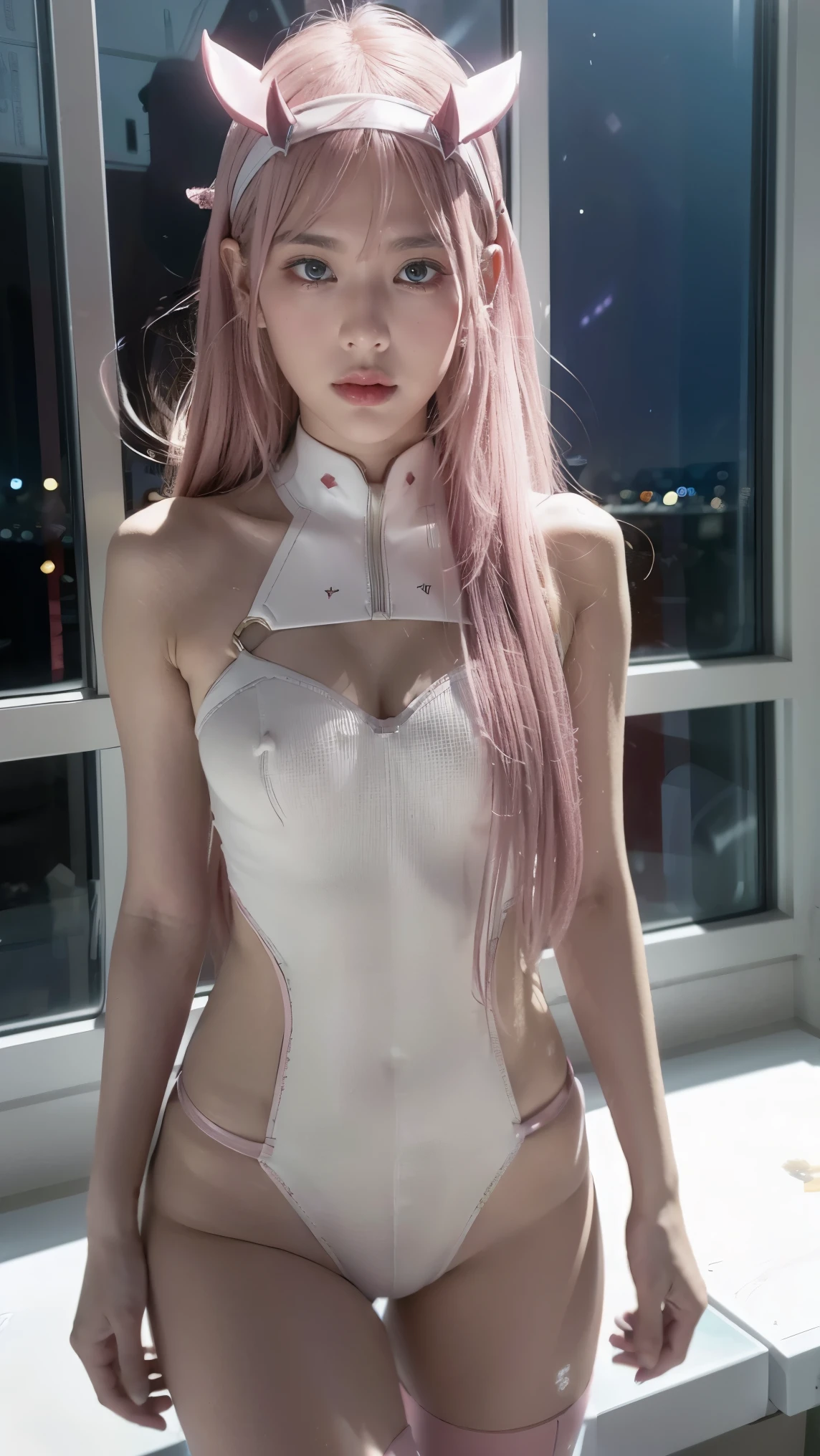 dynamic angle,ultra-detailed, illustration, straight on, 1girl, ((Zero two, interface headband with a pair of horns, red bodysuit:1.4, pink hair)), Her eyes shone like dreamy stars,(glowing eyes:1.233),(beautiful and detailed eyes:1.1),(expressionless, closed mouth),(standing), (mechanic room with tools and spaceship window in a white SPACESHIP), (night:1.2), dreamy, dynamic pose,