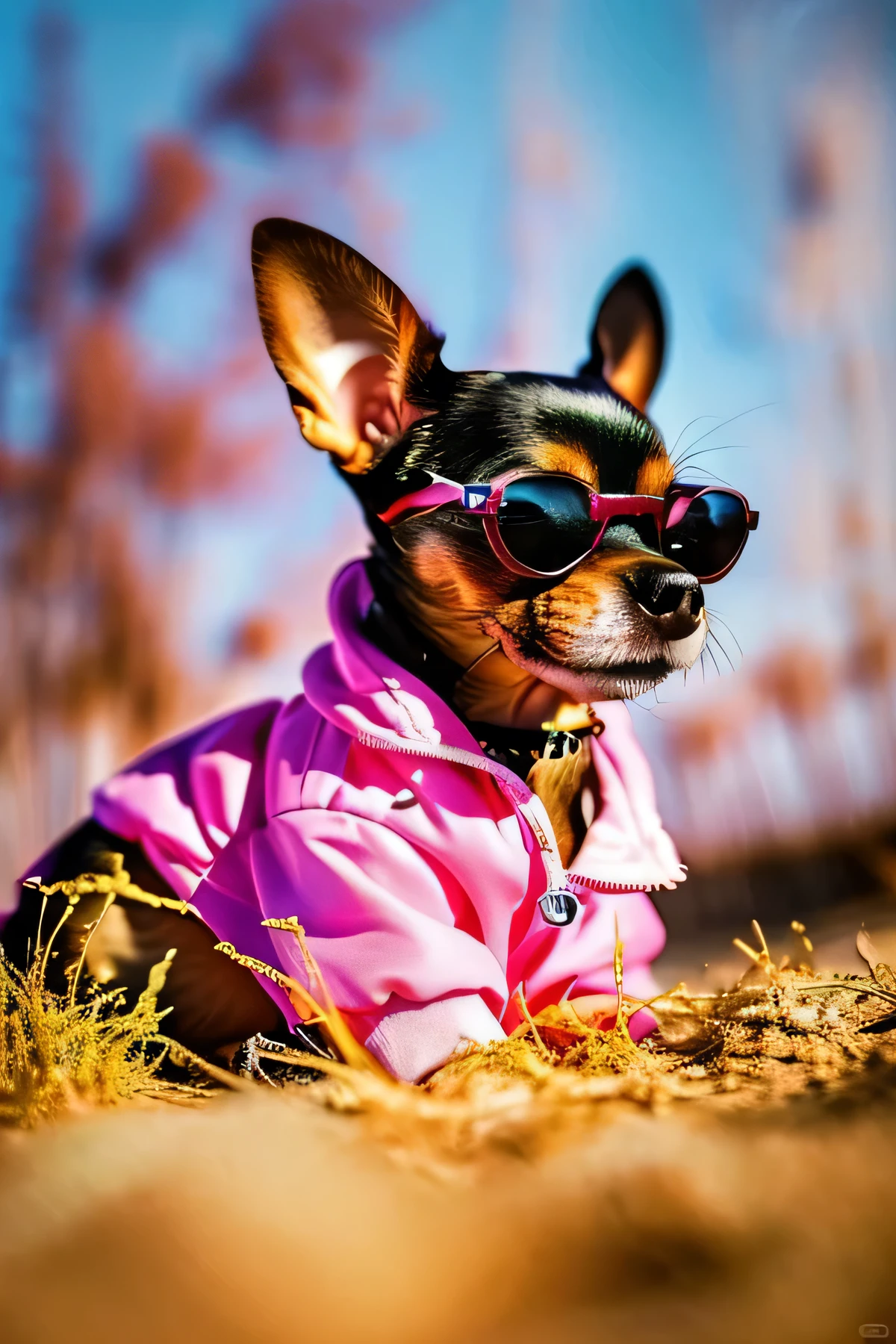 Create a close-up portrait of a small dog (Chihuahua or similar breed) wearing oversized, stylish pink sunglasses and a fashionable outfit. The dog is dressed in a pastel green jacket with a light pink shirt and matching pink tie underneath. The background is a solid warm orange, contrasting beautifully with the pastel tones of the outfit. The dog's ears are perked up, and its expression is calm and serene, giving off a cool and confident vibe. The photo is taken with a Sony Alpha a99 II camera using a 50mm F1.2 Sony GMaster Full Frame prime lens, ensuring a shallow depth of field and a hyper-realistic look. The lighting is soft and even, resembling a professional studio setup that enhances both the outfit and the dog's facial features, giving it a lifelike and detailed appearance.