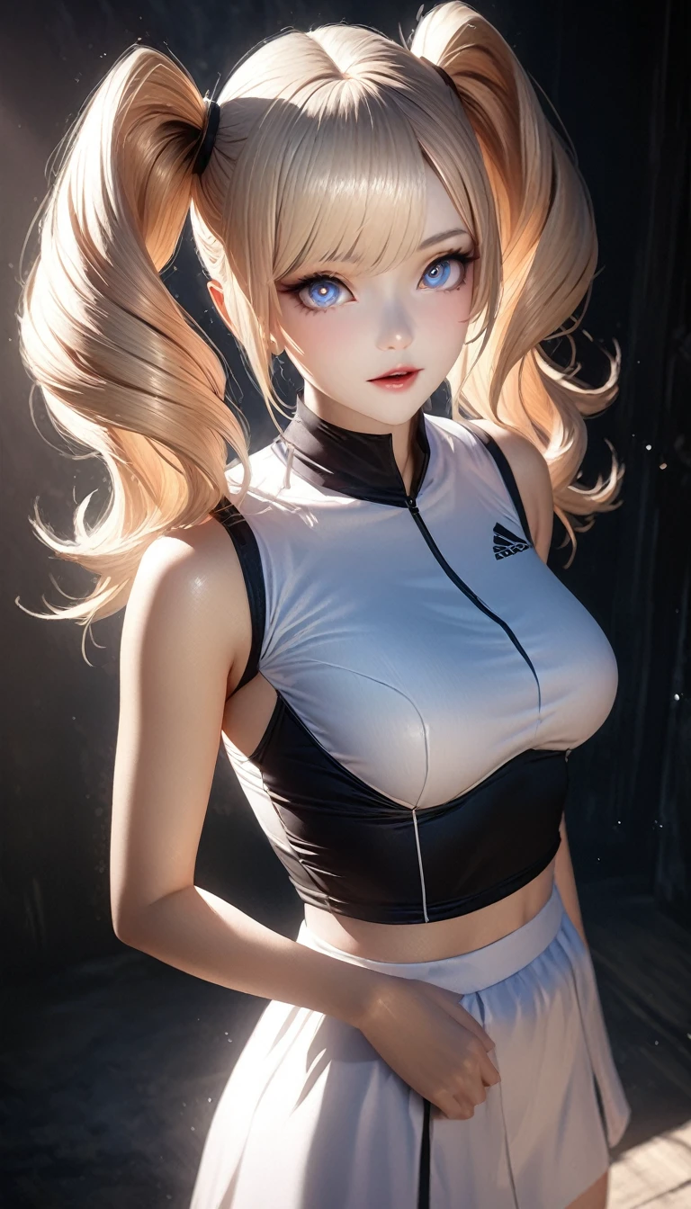 One girl, white short t-shirt, black leggings, nike sneakers, big ass, perfect breast, slim, cute, sexy, very detailed, exquisite lighting and composition, , 8k, sharp, highly detailed, high resolution, front view