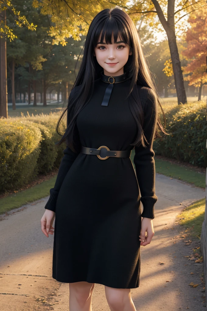 (best quality,4k,8k,highres,masterpiece:1.2),ultra-detailed,realistic,  cute girl, long black hair, bangs, pale skin, small nose, round eyes, narrow waist, wide hips, smiling, wool knit dress, (iron slave collar), outdoors, autumn, vibrant colors, soft lighting, full length picture
