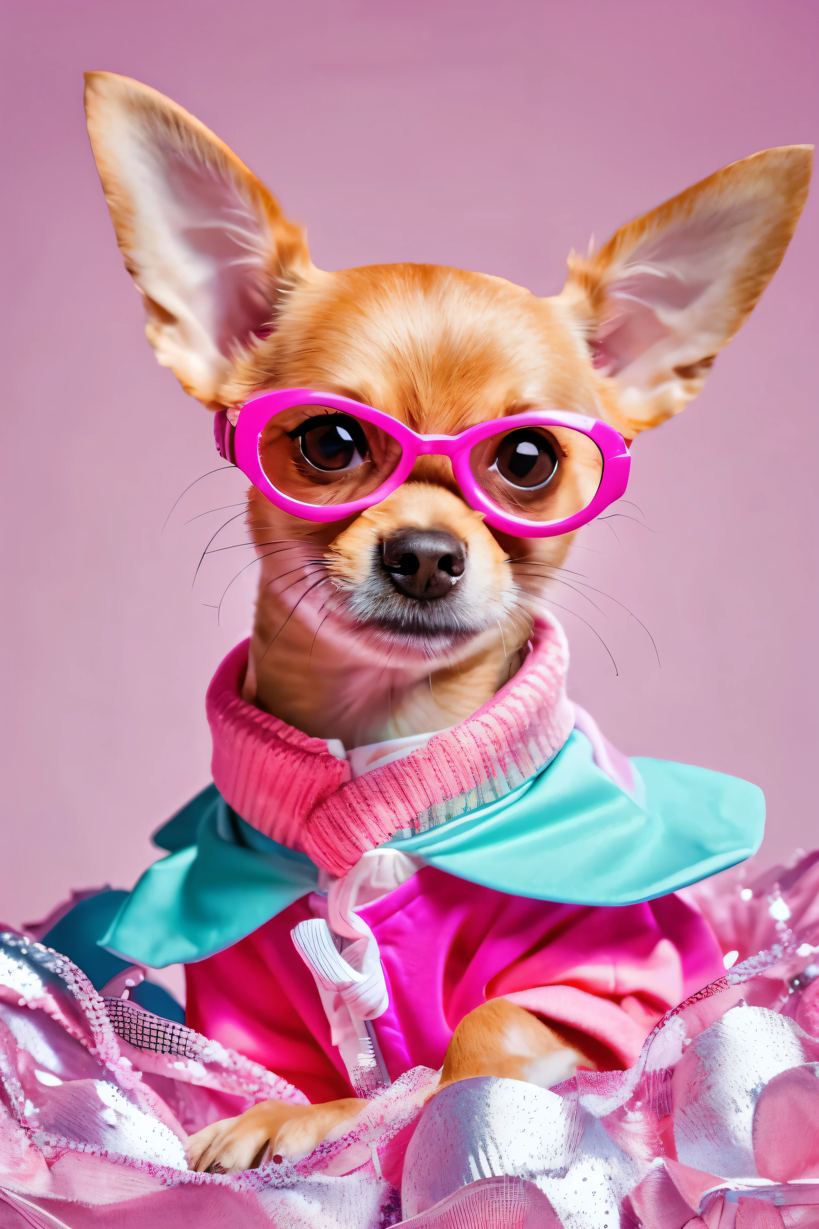 Create a close-up portrait of a small dog (Chihuahua or similar breed) wearing oversized, stylish pink sunglasses and a fashionable outfit. The dog is dressed in a pastel green jacket with a light pink shirt and matching pink tie underneath. The background is a solid warm orange, contrasting beautifully with the pastel tones of the outfit. The dog's ears are perked up, and its expression is calm and serene, giving off a cool and confident vibe. The photo is taken with a Sony Alpha a99 II camera using a 50mm F1.2 Sony GMaster Full Frame prime lens, ensuring a shallow depth of field and a hyper-realistic look. The lighting is soft and even, resembling a professional studio setup that enhances both the outfit and the dog's facial features, giving it a lifelike and detailed appearance.