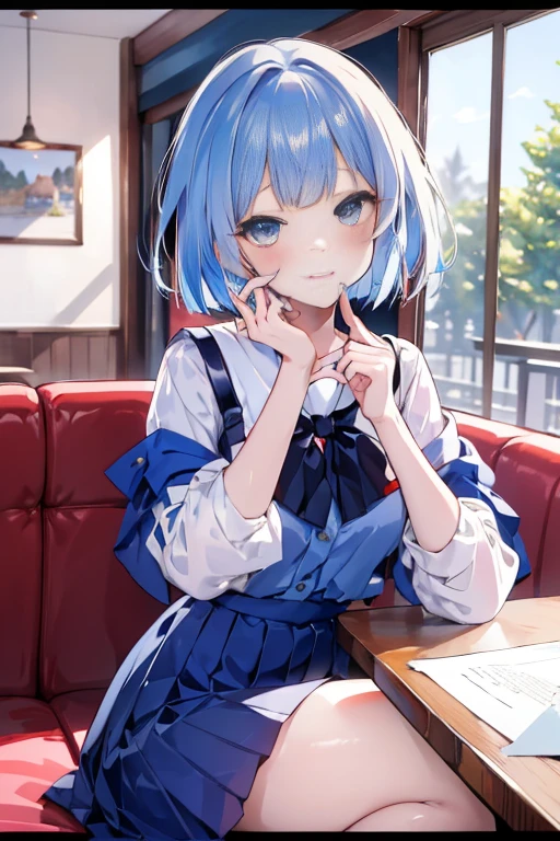 (((beautiful detailed)))(cute face:1.2)1girl, A girl stuffing her face with french fries, Girl crying while eating few french fries, Inside a 1950s-style diner, 1950s-style interior, Navy blue hair, blue eyes, A short-sleeved white shirt with four vertical bow ties, Ahoge, long bob cut with fluffy hair(sharp lines:1.2)(clear line:1.2)(eye details:1.3)(thick border:1.4) animation cel style,ligne claire, limited palette((masterpiece, high quality, best quality))(low contrast: 0.5),Anna yanami, blue hair, blue eyes, school uniform, makeine, too many losing heroines,Watercolor style, watercolor pencil, paper texture,90s style,Anna yanami, blue hair, blue eyes, school uniform, makeine, too many losing heroines, 